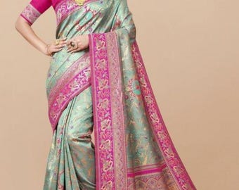 Banarasi silk Work Saree for women With unstich Blouse and fall Piko Free