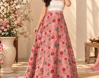 Upto 42 inch waist size Pink multi light color Pure Banarasi Silk brocade skirt For Women