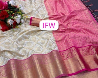 Sari in seta Banarasi color crema e rosa intenso per le donne