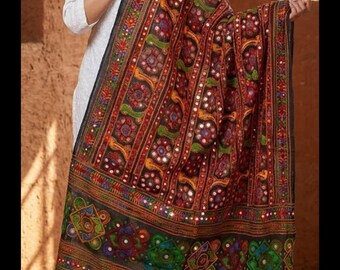 Handmade Mirror kutchi gujratari phulkari thread Work Dupatta Women For Garba And Fancy Parties