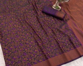 Satin weave pure Saree with copper zari  Work for women and girls.Unstich blouse fall Piko with finishing Free