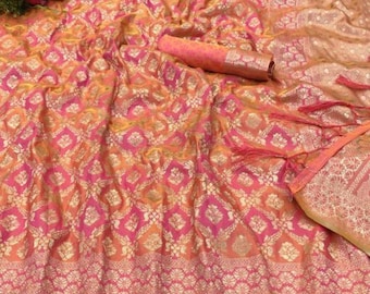 Banarasi silk Work Saree for women With unstich Blouse and fall Piko Free