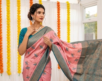 Soft And pure banarasi silk saree with Flower print for women With unstich Blouse and fall Piko Free