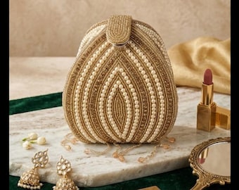 Our handmade Antique Pearl beads Golden multi color Bridal clutch Potli for women