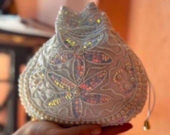 Antique Pearl beads White multi color Bridal  Potli for women clutch for women round bag women