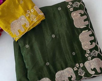 Elephant Work Chinon Chanderi silk saree for Indian Festivals. Unstich blouse fall Piko with finishing Free