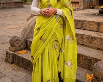 Khadi cotton Summer Green With Little Embroidery Saree for women Fall piko free