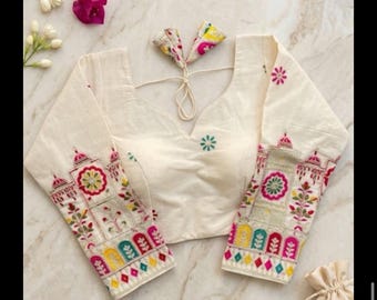 Pure cotton khadi and full embroidery work and multicolor v shape Neck blouse for women , Padded Stich Top