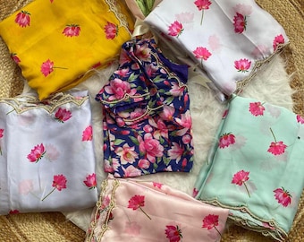 Soft silk Sraee with digital lotus print with   Unstich blouse fall Piko with finishing Free