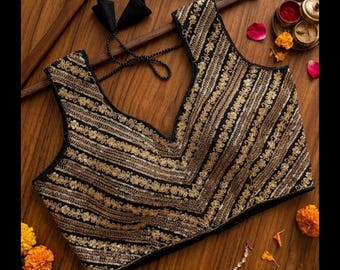 Bollywood Phantom Silk Embllieshed  Blouse: Sabyasachi Inspired Round neck Paded  Choli Top