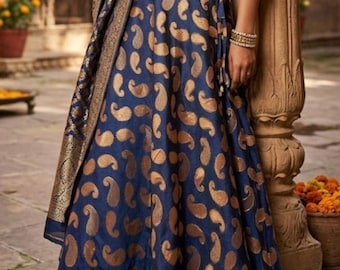 Handcrafted Blue Banarasi Silk brocade skirt For Women With Adjustable Rope