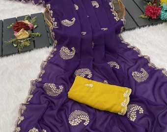 Sari in georgette incarnato per le donne con camicetta non cucita e caduta Piko Free
