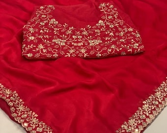 Red Silk saree for Indian Festivals. Unstich blouse fall Piko with finishing Free