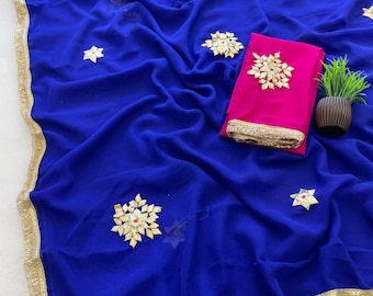 Soft Georgette Saree With Sober Gotta Flower Work  for Indian Festivals. Unstich blouse fall Piko with finishing Free
