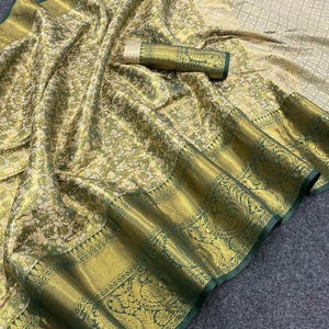Banarasi Silk Beautiful Cream Green saree for women