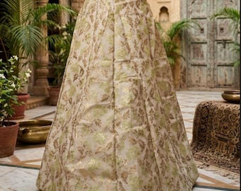 Silk Banarasi Skirt Long Gold Green Leafs  Bollywood Skirt for Women and girls