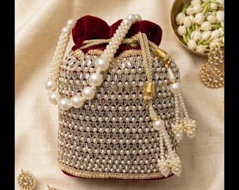 Our handmade Antique Pearl beads Golden multi color Bridal  Potli for women