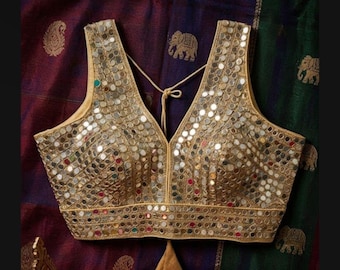 Golden Bollywood Mirror phantom Blouse, Sleeveless V Neck, Padded Stich Top