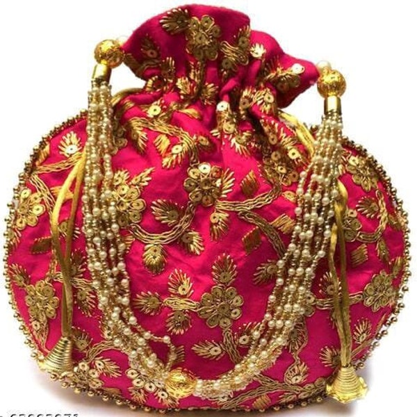 Potli ethnique en coton du Rajasthan, potli indien, pochette, sac de fête de style Bollywood fait main avec broderie Zari