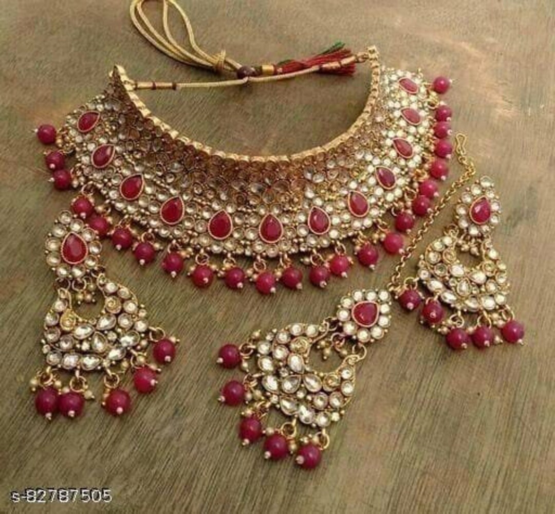 Maroon And Golden Brass (Base) Glass Beaded Kundan Necklace Set at