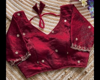 Princess Cut Silk cloth Cherry Red Neck Book Padded Stich Top Blouse for women saree top