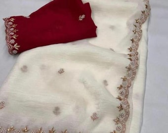 Sari Chanderi bordado con blusa de seda artificial, sari para festivales indios.