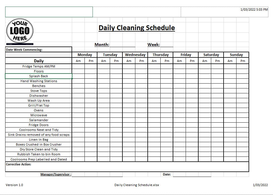 Haccp Cleaning Schedule Template