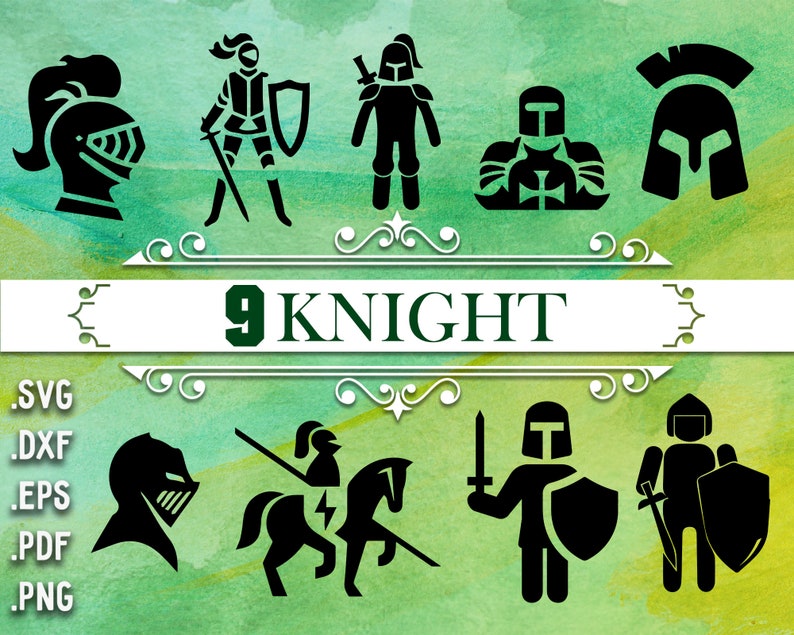 May include: Nine black and white knight illustrations, including a knight on horseback, a knight with a sword, and a knight with a shield. The illustrations are set against a green watercolor background with the text "9 KNIGHT" in green.