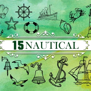 May include: A set of 15 nautical themed illustrations, including a lighthouse, ship, anchor, crab, seashell, life preserver, and a star. The illustrations are in black and white and are set against a watercolor background.