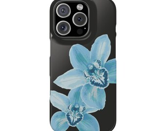 Orchid Phone Case - Black & Blue Flower, Floral iPhone Cover, Colorful and Fun, Trendy Summer, Glossy Finish, Compatible with all iPhones