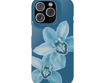 Orchid Phone Case - Navy & Blue Flower, Floral iPhone Cover, Glossy Print, UV Protection