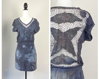 70s Vintage Crochet Back Summer Dress / Hand Dyed Blue