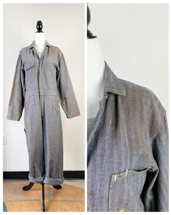 60's Herringbone Blue and Gray Workwear Coverall - image 1