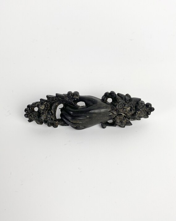 Victorian Vulcanite Mourning Hand Brooch / Rose an
