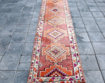 Alfombra de pasillo turca vintage de lana, 3x13, hecha a mano con diseño anatolio.