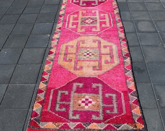 Alfombra de lana turca vintage, 3 x 10 pies, hecha a mano con diseño anatolio.