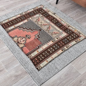 3x4 Vintage Turkish Oushak Rug: Handmade Wool Kitchen Rug