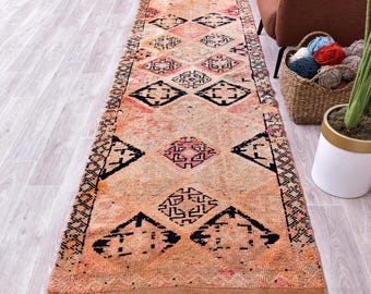 VINTAGE TURKISH Wool Runner RUG, Handmade Anatolian Carpet (3x12 ft)