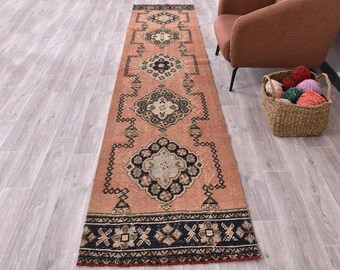 VINTAGE TURKISH Wool Runner RUG, 3x12 Anatolian Tribal Design, Handmade Home Decor