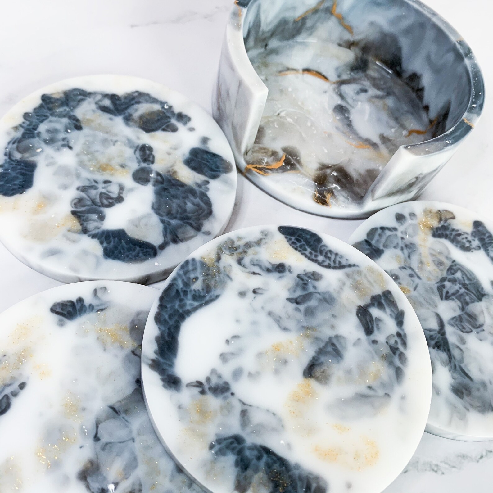 Resin Marble Effect Coaster Set & Holder Etsy