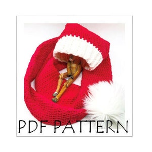 May include: A crochet pattern for a red and white Santa hat and scarf with a white pom-pom. The pattern is available as a PDF download.  PDF PATTERN