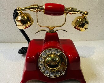 Nautical Engraved Brass Red & Golden Vintage Rotary Phone Old Fashioned Telephone French Victorian tabletop desk working phone