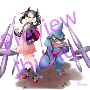 May include: A female anime character with black hair and a pink dress stands with a blue and red Pokemon. The Pokemon is holding its arms in front of it. The character is holding a Pokeball in her right hand. There are three purple and white spiky objects behind them.