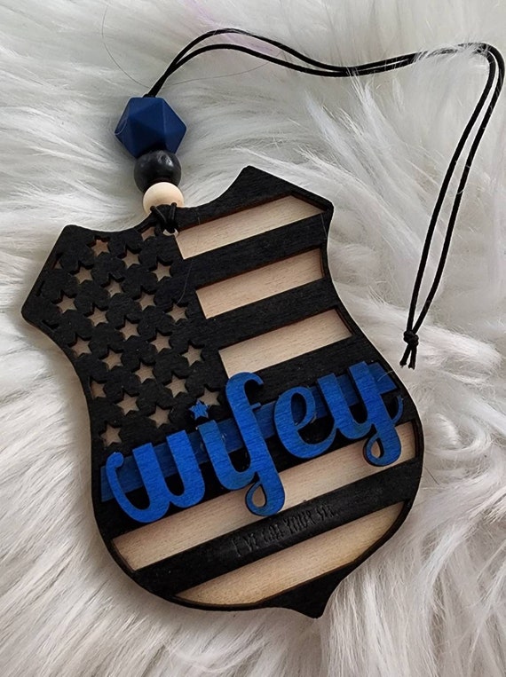 Personalized Wooden First Responder Badge shape Car Mirror Charm flag stars and stripes thin blue line ornament