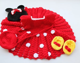 Handknitted kids winter frock, Girls full sleeve frock, Polka Dot applique red frock, Kids crochet frock, Baby frock with bag,