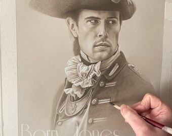 May include: A sepia toned drawing of a man wearing a tri-cornered hat and a military uniform. The drawing is in progress and the artist's hand is visible holding a pencil.