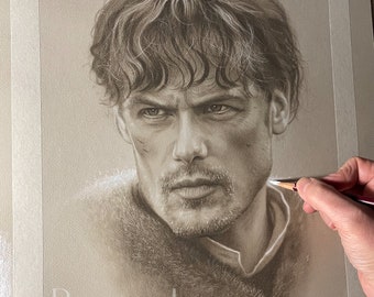 May include: A black and white pencil drawing of a man's face with a serious expression. The drawing is on a light brown paper with the artist's name, "Barry Jones", written in white at the bottom.