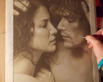 May include: A black and white drawing of a couple looking at each other. The woman has long hair and is wearing a simple dress. The man has short hair and is wearing a shirt. The drawing is done in a realistic style.