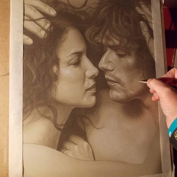 Limited print of my pastel drawing of Claire and Jamie from outlander