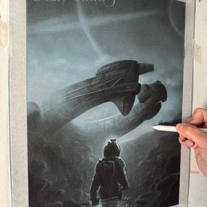 May include: A science fiction artwork featuring a figure in a spacesuit walking towards a large spaceship. The artwork is in shades of gray and white, with the name "Barry Jones" at the top. A hand is holding a white pencil, possibly adding details.